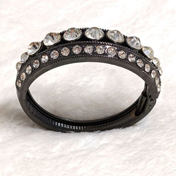 Vintage Gunmetal and Clear Rhinestone Hinged Bracelet - Picture 4 of 14